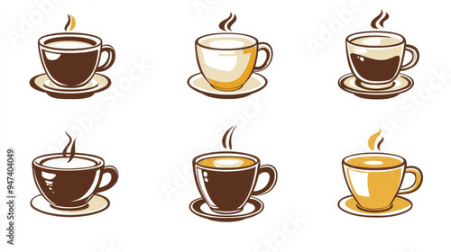 "Symbols of coffee cups and mugs isolated on a white background, perfect for logo design.