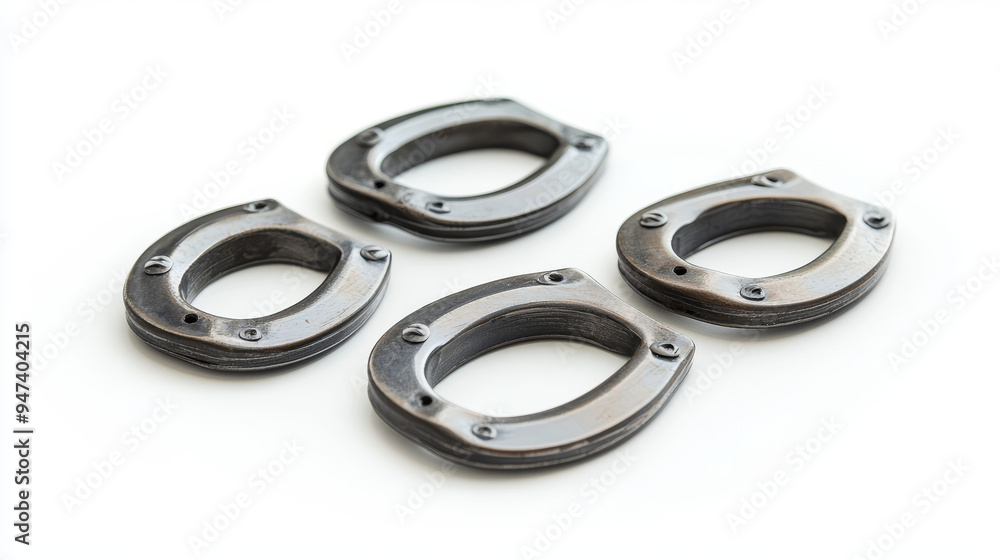 Imagine a set of steel horseshoes isolated on a white background, each horseshoe polished to a gleaming finish, symbolizing luck and fortune. The horseshoes are arranged in various orientations. Imagine a set of steel horseshoes isolated on a white background, each horseshoe polished to a gleaming finish, symbolizing luck and fortune. The horseshoes are arranged in various orientations.