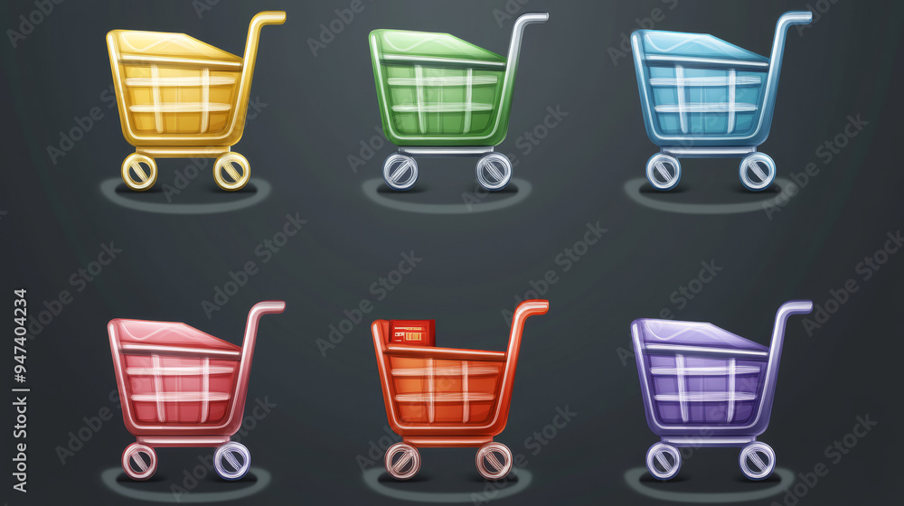 A set of shopping cart icons designed for business and commerce projects, offering various styles to represent different aspects of online shopping. These icons could be used as emblems, logos. A set of shopping cart icons designed for business and commerce projects, offering various styles to represent different aspects of online shopping. These icons could be used as emblems, logos.