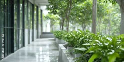 Long narrow corridor row potted plants right side Promoting Sust photo