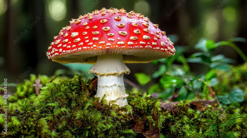 Fototapeta premium Red and White Toadstool Mushroom in Mossy Forest