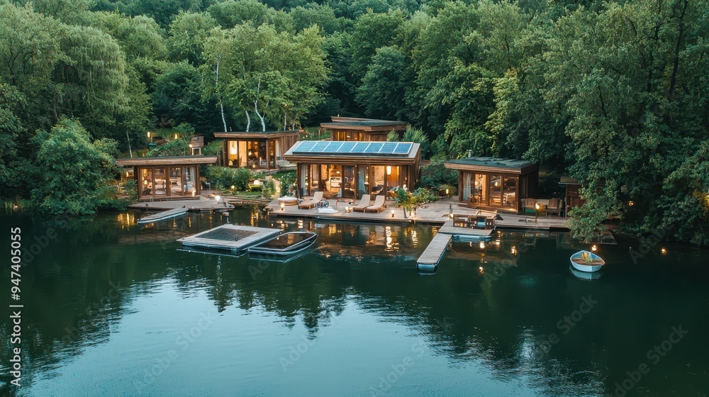Fototapeta premium Luxury Eco Friendly Lakefront Cabins with Solar Panels