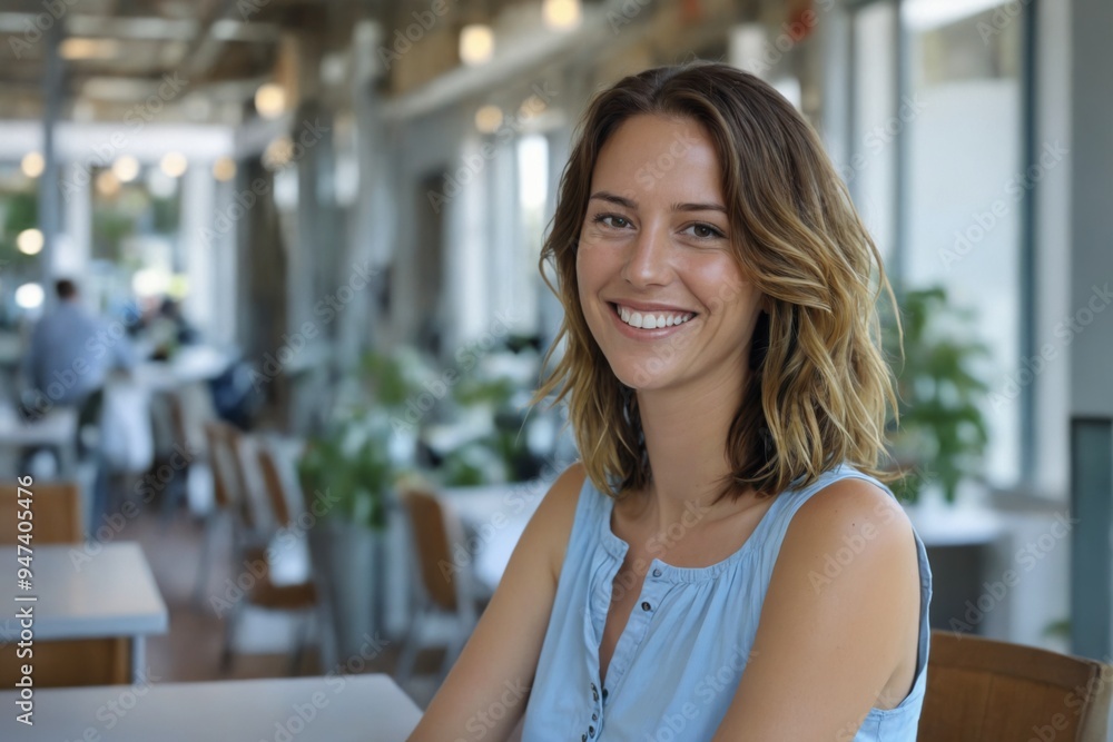 Portrait young woman sitting table office cafe She A portrait of Portrait young woman sitting table office cafe She A portrait of