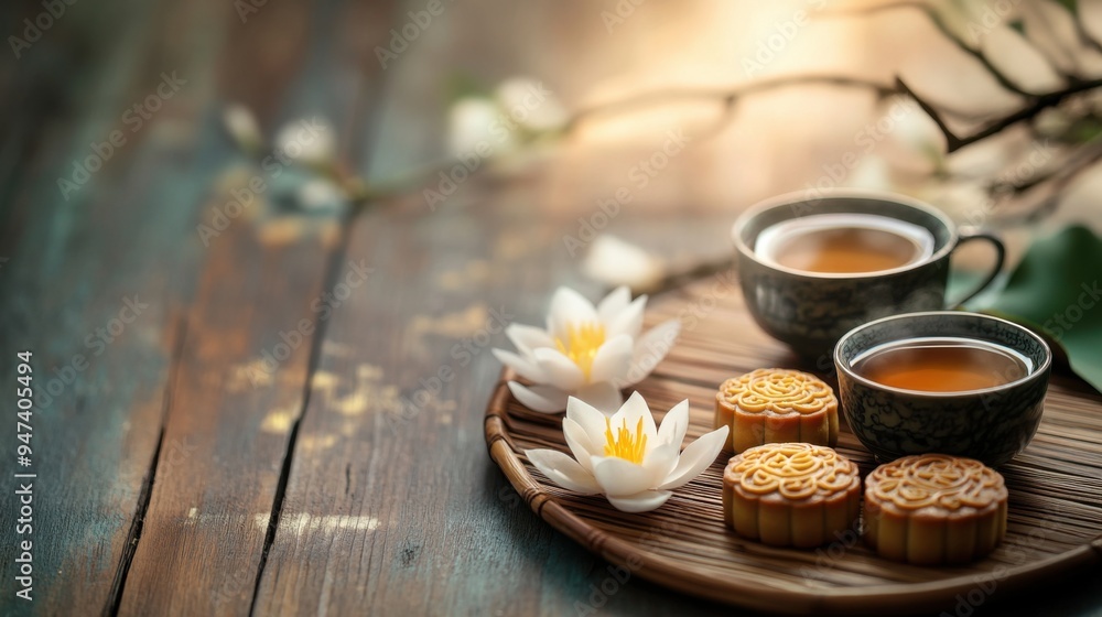 Serene tea setting with lotus flowers and traditional snacks, perfect for relaxation and mindfulness. Serene tea setting with lotus flowers and traditional snacks, perfect for relaxation and mindfulness.