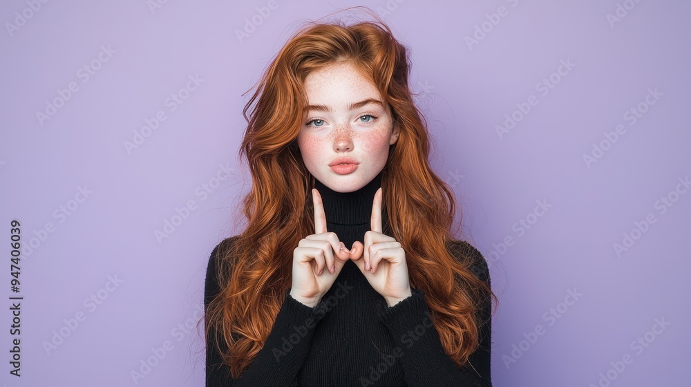 Stylish Redhead Woman in Black Outfit Making Finger Heart Gesture on Lavender Background, Generate Ai Stylish Redhead Woman in Black Outfit Making Finger Heart Gesture on Lavender Background, Generate Ai