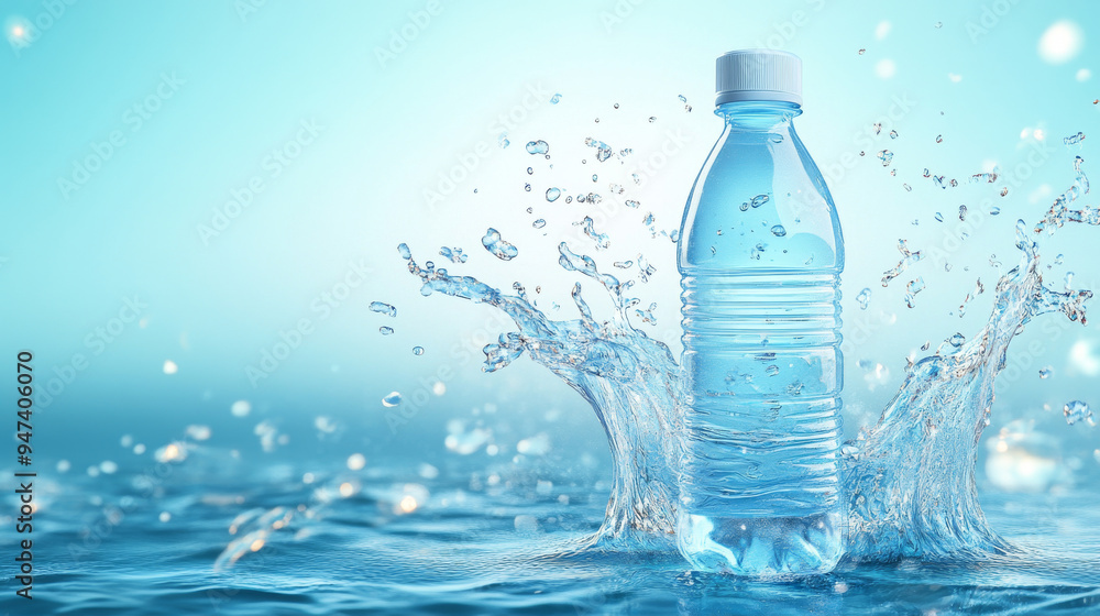 Imagine a sleek, clear plastic bottle of mineral water set against a pristine blue backdrop. The bottle, with its realistic 3D design, stands out prominently, surrounded by a dynamic swirl of crystal. Imagine a sleek, clear plastic bottle of mineral water set against a pristine blue backdrop. The bottle, with its realistic 3D design, stands out prominently, surrounded by a dynamic swirl of crystal.