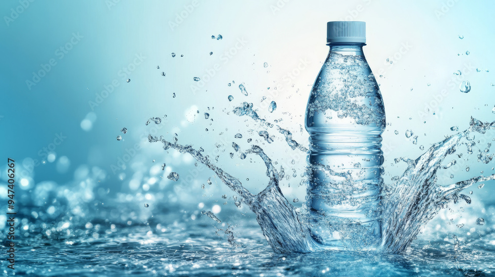 Imagine a sleek, clear plastic bottle of mineral water set against a pristine blue backdrop. The bottle, with its realistic 3D design, stands out prominently, surrounded by a dynamic swirl of crystal. Imagine a sleek, clear plastic bottle of mineral water set against a pristine blue backdrop. The bottle, with its realistic 3D design, stands out prominently, surrounded by a dynamic swirl of crystal.