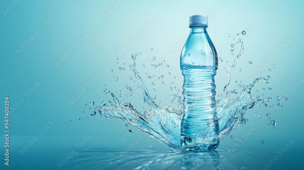 Imagine a sleek, clear plastic bottle of mineral water set against a pristine blue backdrop. The bottle, with its realistic 3D design, stands out prominently, surrounded by a dynamic swirl of crystal. Imagine a sleek, clear plastic bottle of mineral water set against a pristine blue backdrop. The bottle, with its realistic 3D design, stands out prominently, surrounded by a dynamic swirl of crystal.