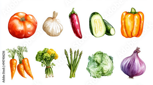 Hand-painted watercolor vegetables collection, featuring vibrant illustrations of tomatoes and carrots, bell peppers, cabbages, onions, radishes, and broccoli. Includes fresh green onions, cucumbers.