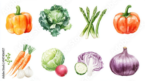 Hand-painted watercolor vegetables collection, featuring vibrant illustrations of tomatoes and carrots, bell peppers, cabbages, onions, radishes, and broccoli. Includes fresh green onions, cucumbers.