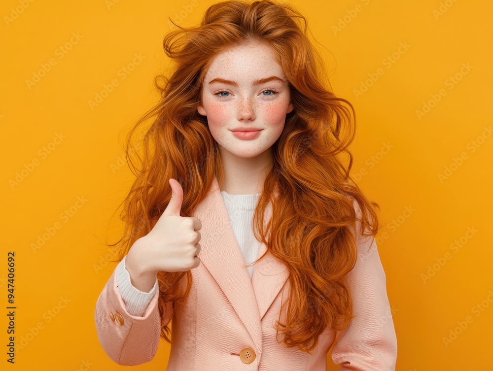 Confident Redhead Young Woman in Pastel Pink Suit Giving Thumbs Up on Orange Background, Generate Ai Confident Redhead Young Woman in Pastel Pink Suit Giving Thumbs Up on Orange Background, Generate Ai