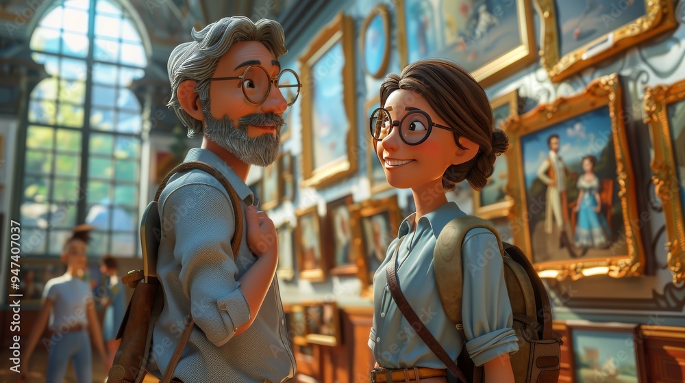 Obraz premium Cartoon 3D tourists enjoying a guided tour in a museum