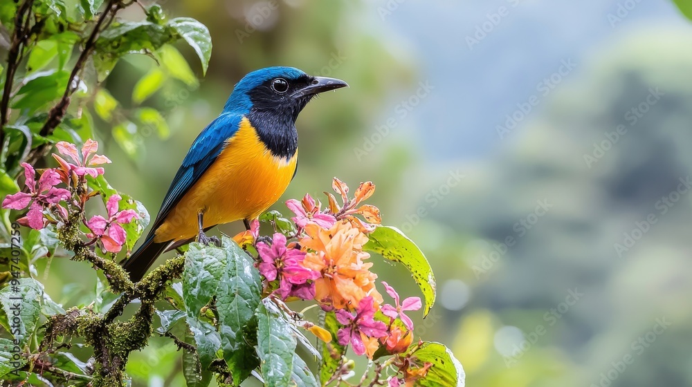 Colorful Bird Perched on Branch with Pink Flowers Colorful Bird Perched on Branch with Pink Flowers