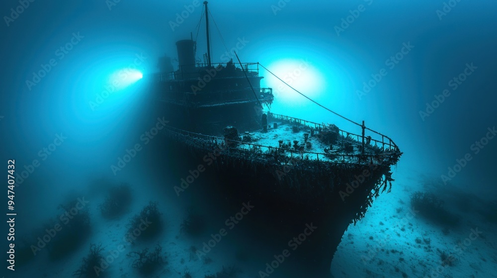 Silhouetted Shipwreck Underneath the Ocean Surface Silhouetted Shipwreck Underneath the Ocean Surface