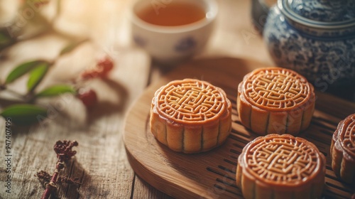 Traditional mooncakes on a wooden platter, accompanied by tea, symbolizing festivity and culture in an inviting setting.