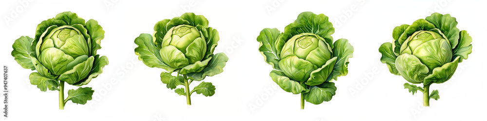 Obraz premium Fresh green cabbages displayed in row, showcasing their vibrant leaves and round shapes. image conveys sense of freshness and vitality. 