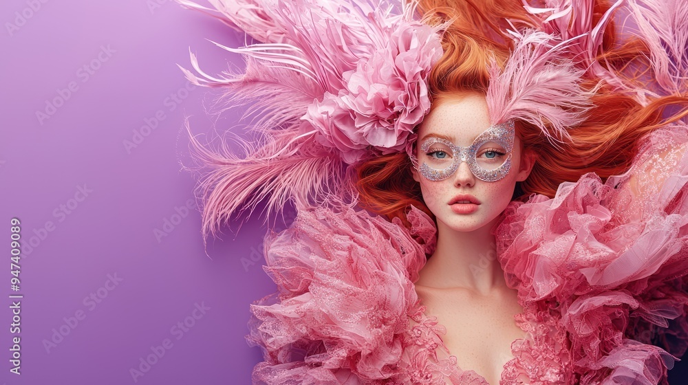 Elegant Redhead Woman in Masquerade Ball Gown with Mask on Royal Purple Background, Generate Ai Elegant Redhead Woman in Masquerade Ball Gown with Mask on Royal Purple Background, Generate Ai