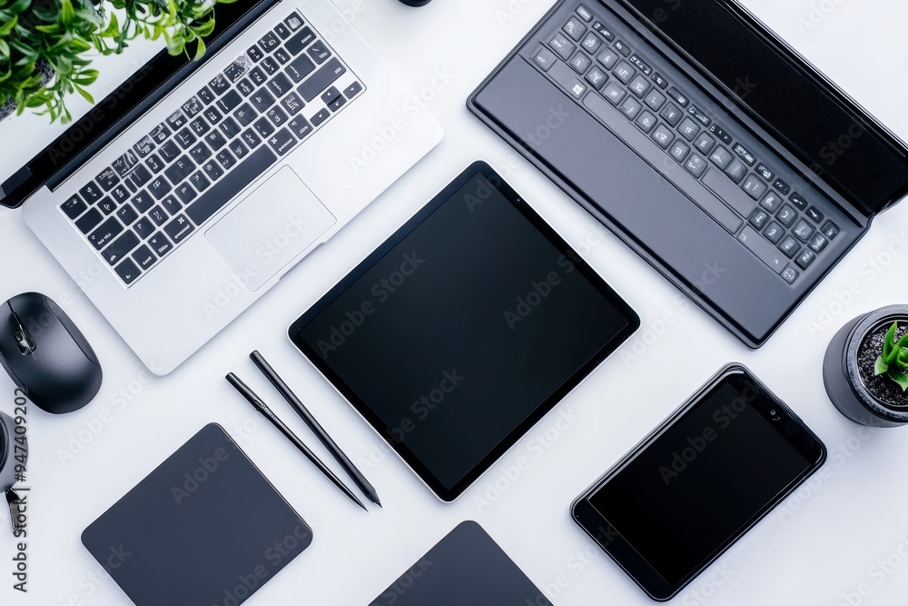 A flat-lay shot of a laptop, tablet, smartphone, and wireless keyboard on a sleek desk, symbolizing the versatility and efficiency of multi-device technology setups A flat-lay shot of a laptop, tablet, smartphone, and wireless keyboard on a sleek desk, symbolizing the versatility and efficiency of multi-device technology setups