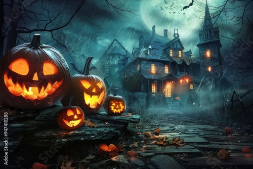 Haunted Halloween Night: Eerie jack-o'-lanterns illuminate a spooky haunted house under a ghostly full moon. 