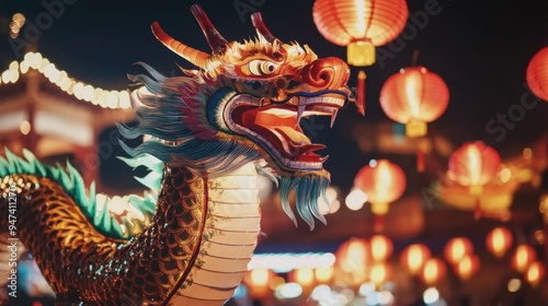 Vibrant dragon statue illuminated by colorful lanterns at night, symbolizing tradition and celebration in a festive atmosphere.