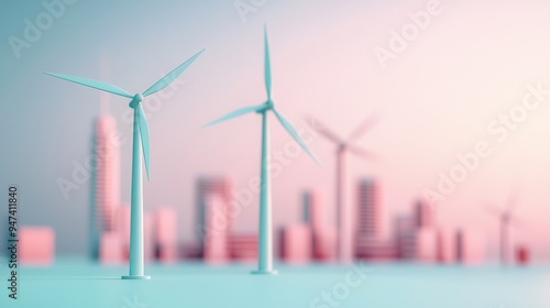 Wind Turbine in a Pink City Skyline.