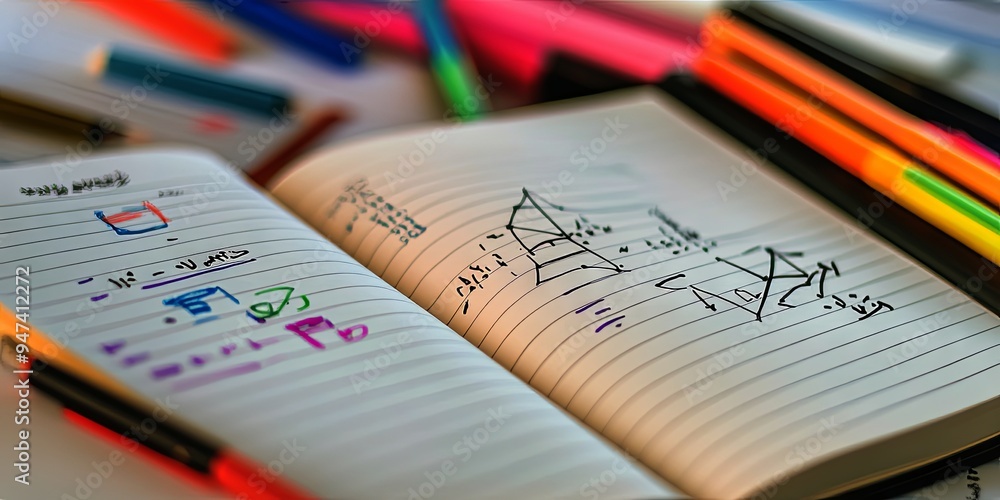Open Notebook with Handwritten Notes and Colorful Pens Open Notebook with Handwritten Notes and Colorful Pens