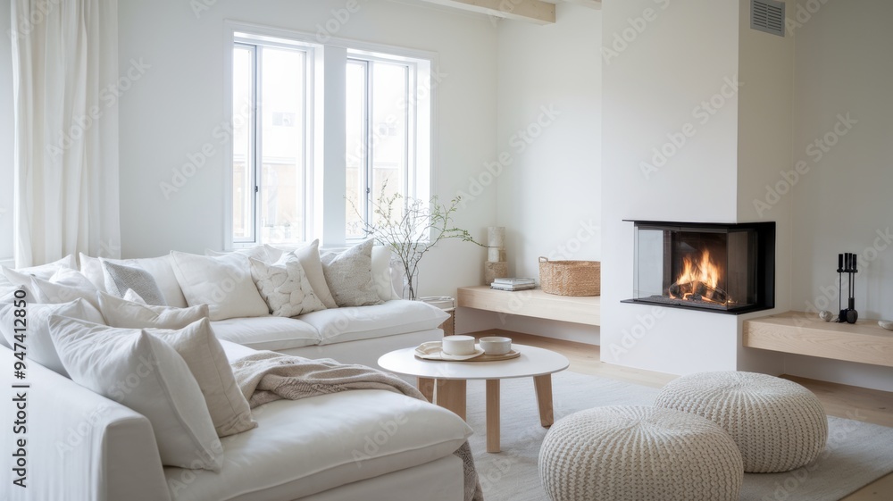 Scandinavian Living Room with White Corner Sofa and Modern Fireplace Scandinavian Living Room with White Corner Sofa and Modern Fireplace