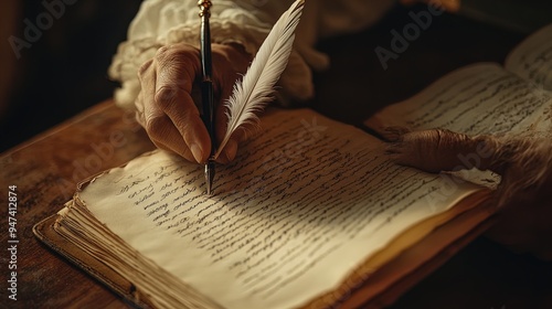 A close-up image depicts a person's hand writing in an old-fashioned book with a quill pen. The hand, dressed in white ruffled sleeves reminiscent of historical attire, holds the quill poised over a p photo