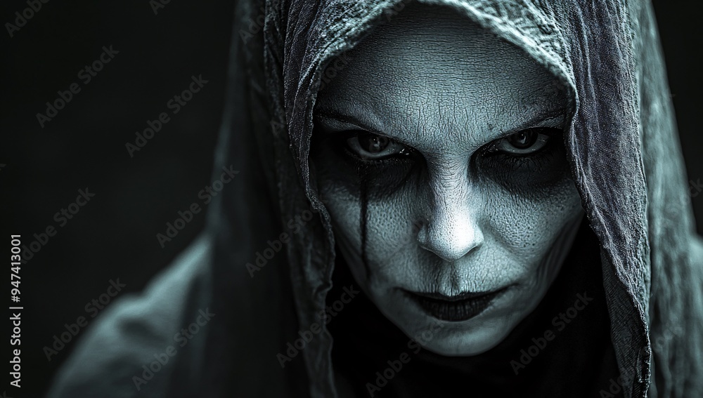 A chilling Halloween portrait of an evil cursed nun with haunting black eyes, perfect for horror-themed designs or Halloween promotions, with copy space. A chilling Halloween portrait of an evil cursed nun with haunting black eyes, perfect for horror-themed designs or Halloween promotions, with copy space.