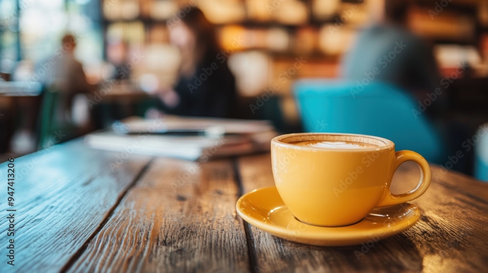 Fototapeta premium Coffee cup on a wooden table at a cafe