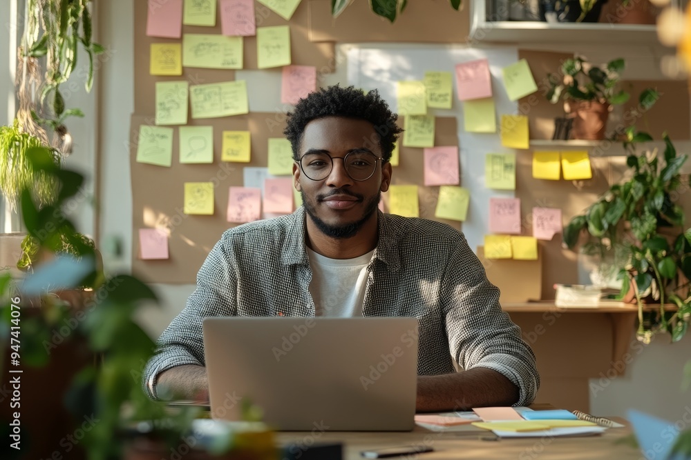 A remote worker engaged in a creative brainstorming session, with sticky notes, sketches, and a laptop on the desk, capturing the innovation that can thrive in a home off A remote worker engaged in a creative brainstorming session, with sticky notes, sketches, and a laptop on the desk, capturing the innovation that can thrive in a home off