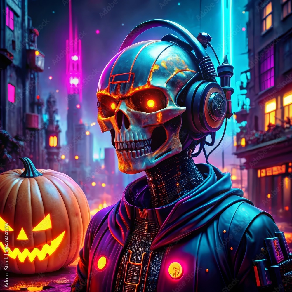 Fototapeta premium Futuristic astronaut meets cyborg knight in a Halloween-themed park with sci-fi elements