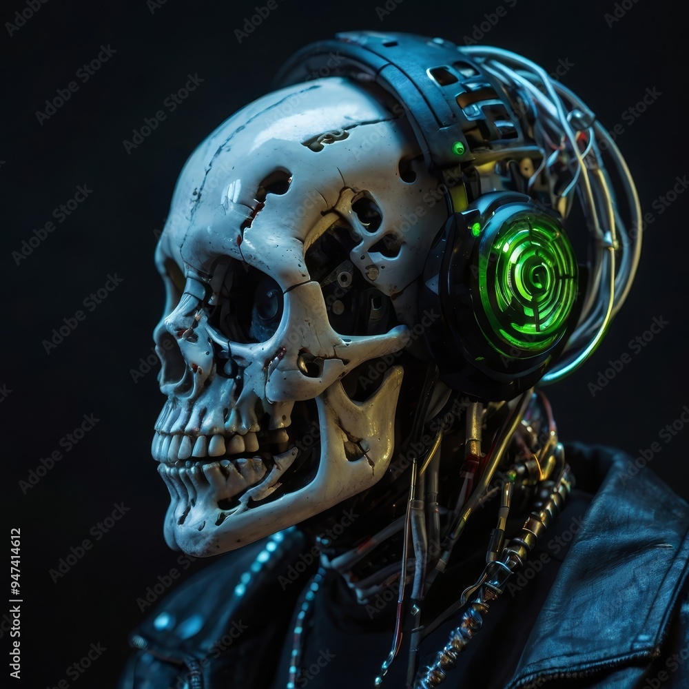 A futuristic robot skeleton with a skull, blending, cyber punk skull A futuristic robot skeleton with a skull, blending, cyber punk skull