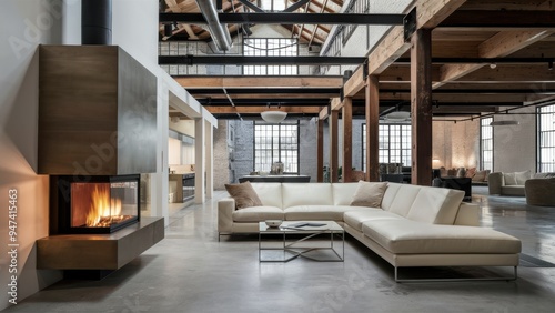 Stylish Scandinavian Living Room Featuring White Corner Sofa and Fireplace