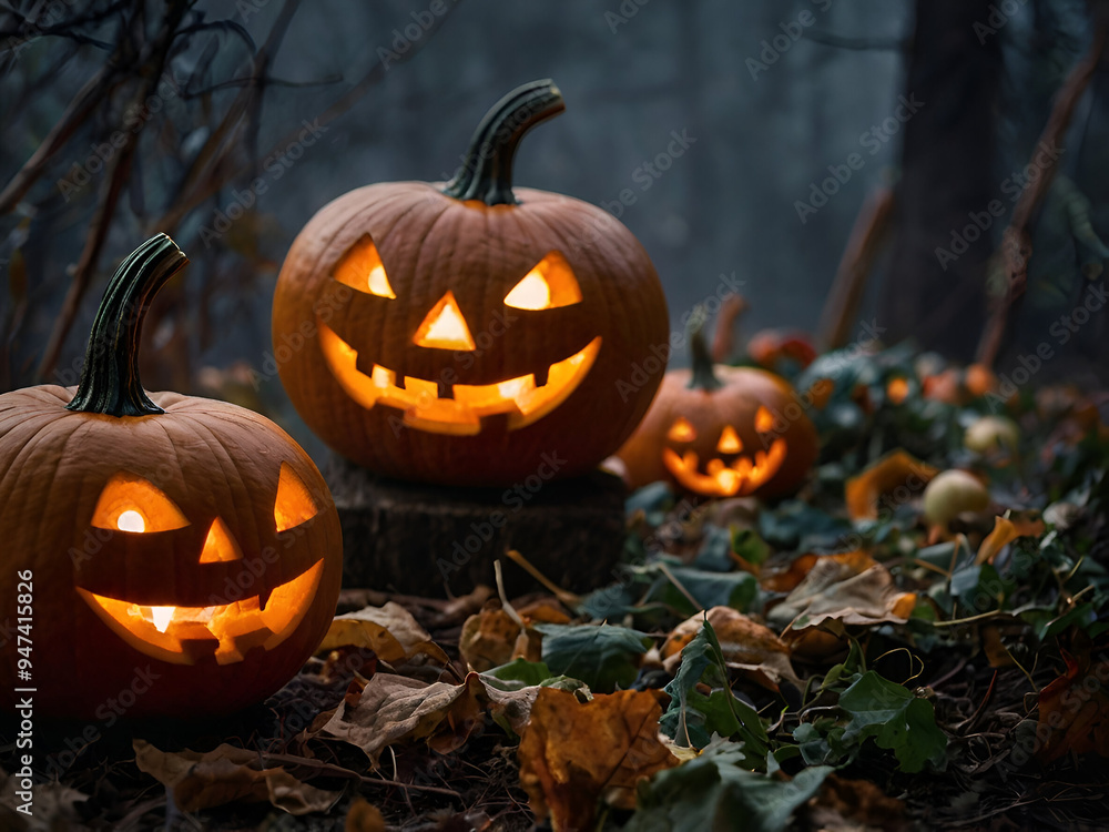 A jack-o-lantern flickering in the corner, surrounded by pumpkins, with a blurry background of misty, twilight colors. A jack-o-lantern flickering in the corner, surrounded by pumpkins, with a blurry background of misty, twilight colors.