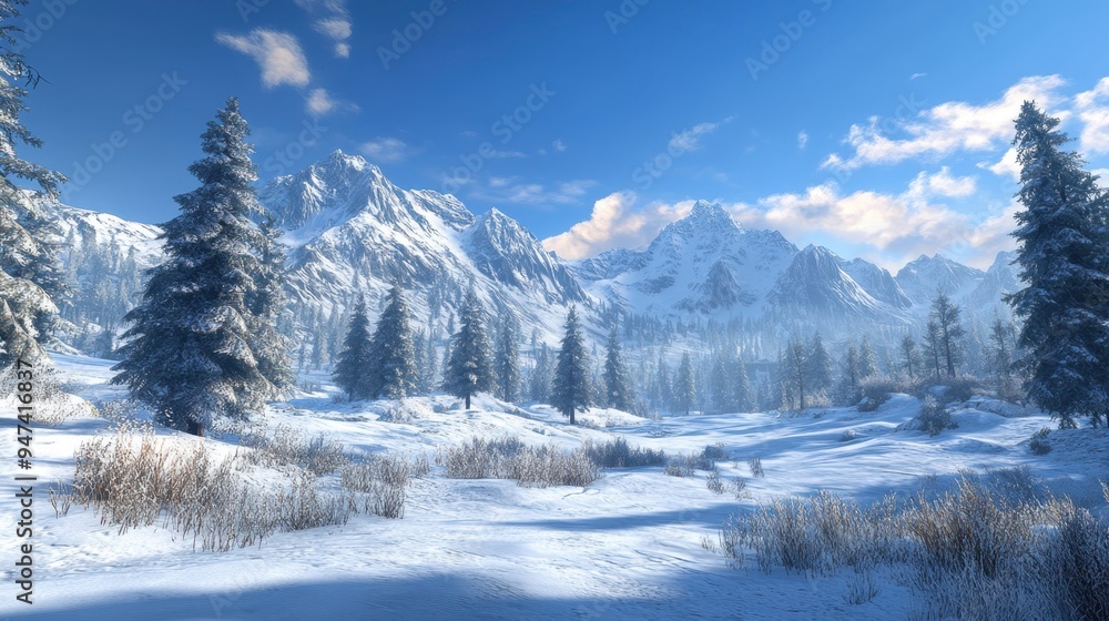 Majestic Snow-Covered Mountain with Pine Trees under a Clear Blue Sky Majestic Snow-Covered Mountain with Pine Trees under a Clear Blue Sky