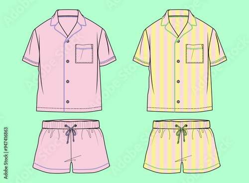 Girls nightwear revere collar summer colour satin shirt and shorts flat sketch outline vector fashion illustration template.	