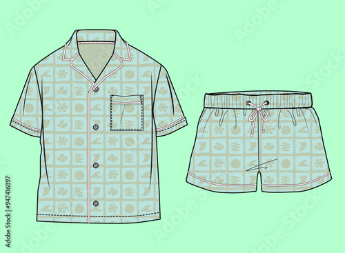 Girls nightwear revere collar summer beach elements party shirt and shorts flat sketch outline vector fashion illustration template.	