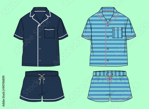  Girls nightwear revere collar satin fabric stripe and navy colour party shirt and shorts flat sketch outline vector fashion illustration template.	