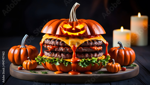 Halloween Night with Pumpkin Burger and Spooky Elements photo