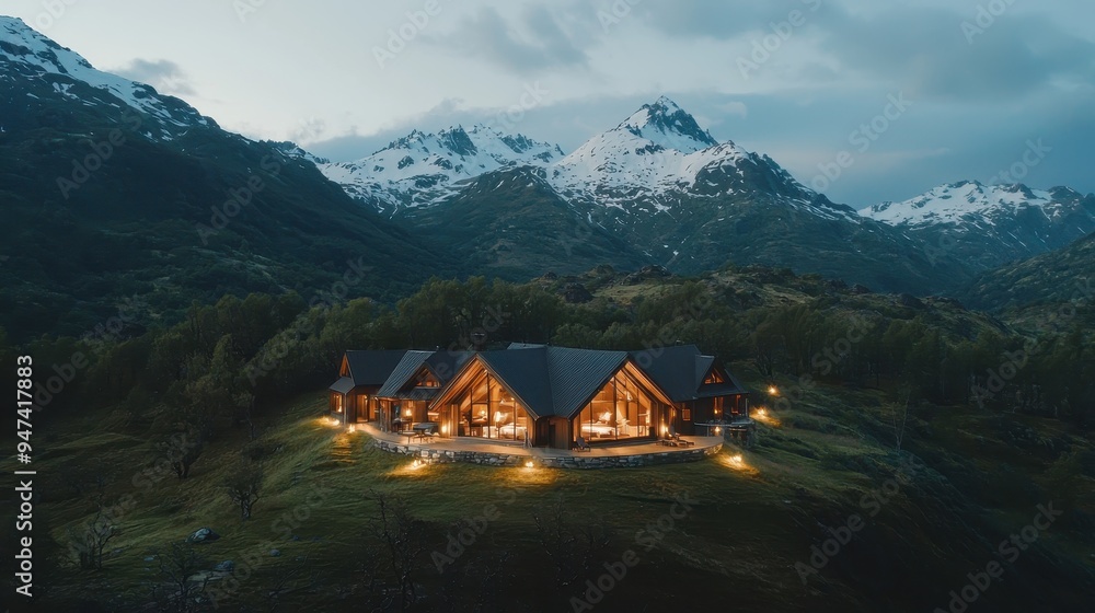 Modern Cabin In Mountain Range At Dusk Modern Cabin In Mountain Range At Dusk