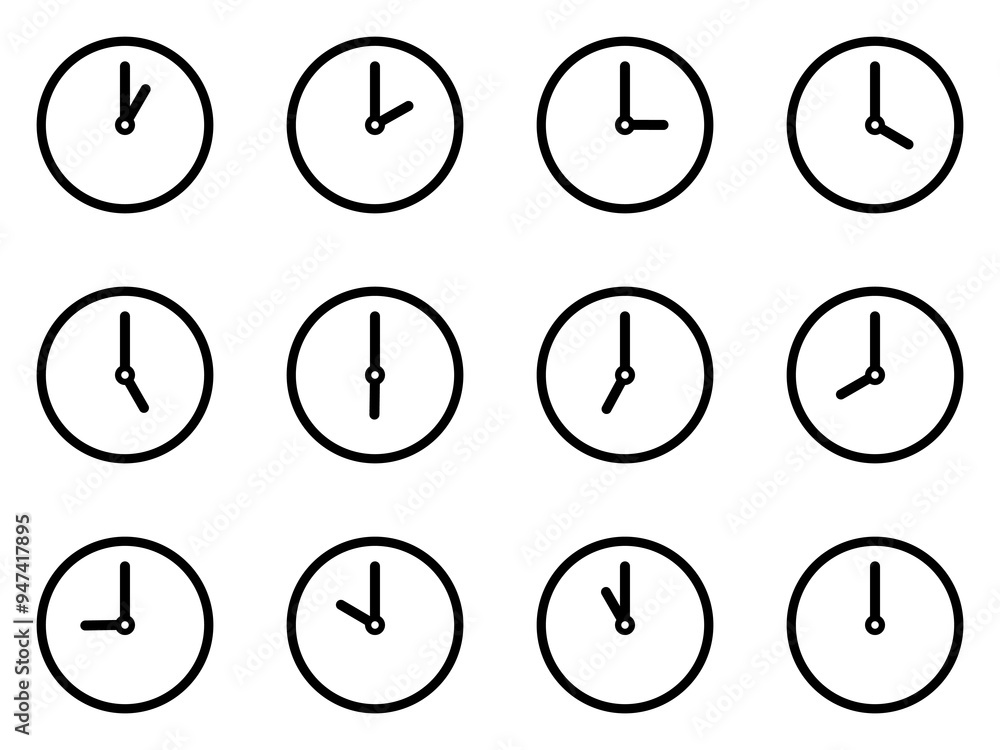 Clock icon set. 1 to 12 o’clock. Simple and editable clock design. Clock icon set. 1 to 12 o’clock. Simple and editable clock design.