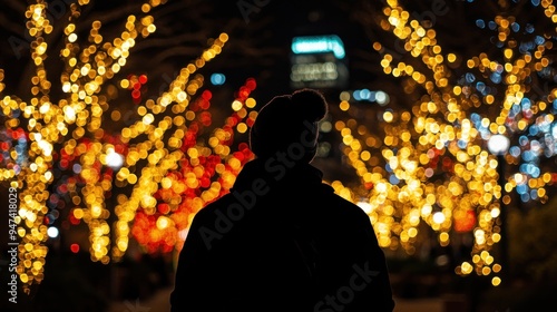 Silhouette of a Person Against a Blurred Background of Christmas Lights photo