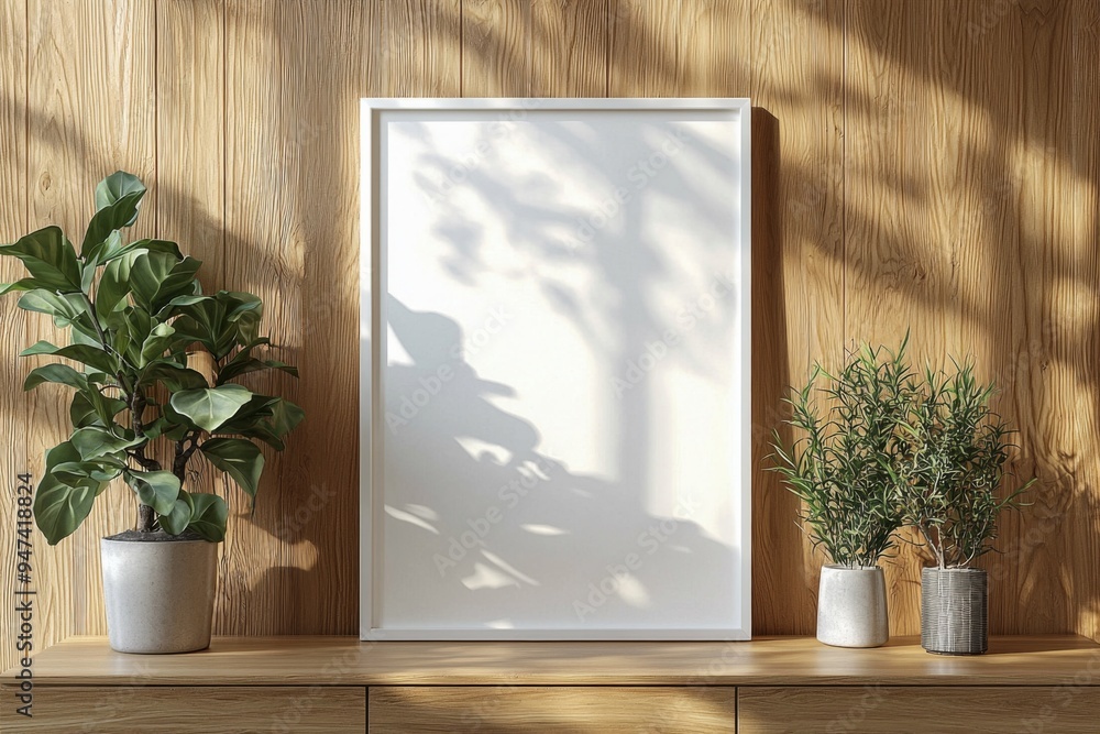 Poster Frame Mockup on Wooden Interior Background created with Generative AI Poster Frame Mockup on Wooden Interior Background created with Generative AI