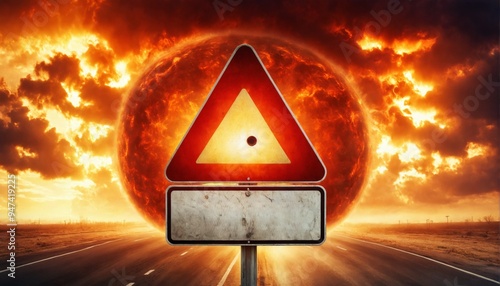 Road sign red triangular warning center has exclamation Extreme