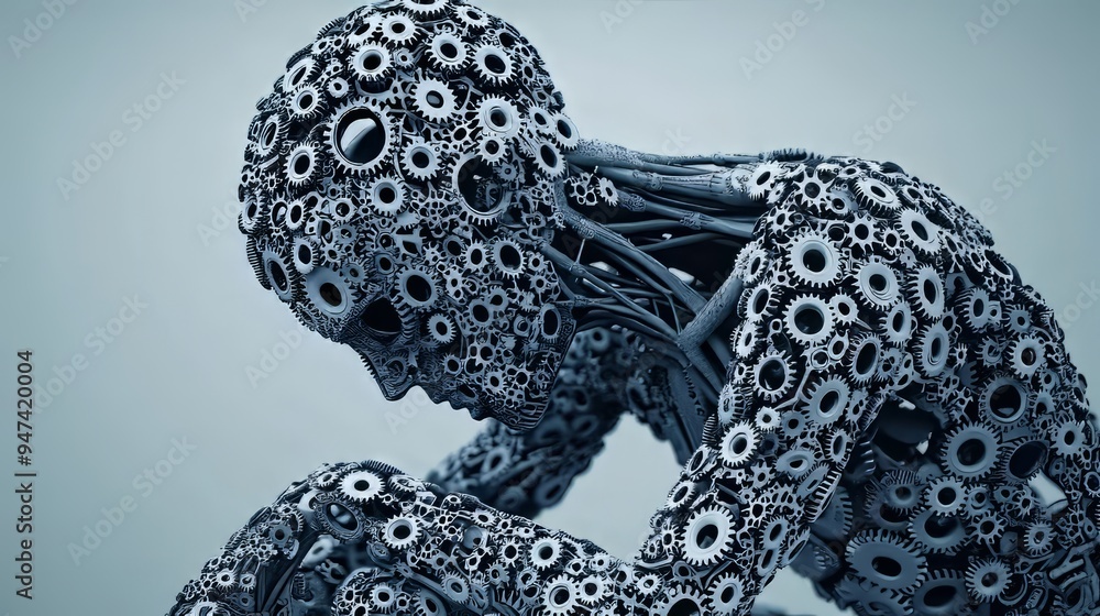 Obraz premium A mechanical figure composed of intricate gears, symbolizing the fusion of technology and humanity in a thoughtful pose.