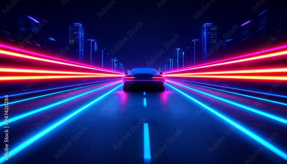 Fototapeta premium A dynamic portrayal of a car against a vibrant neon city backdrop, showcasing speed and modern urban lifestyle.