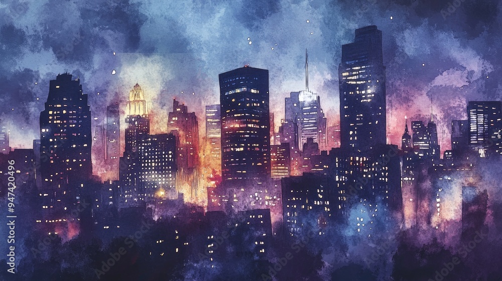 Obraz premium Cityscape at night Watercolor illustration created by hand