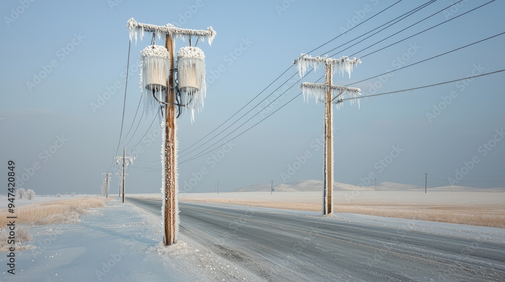 A serene winter scene showcasing icy power poles along a snowy road, capturing the beauty of frost in a tranquil landscape. A serene winter scene showcasing icy power poles along a snowy road, capturing the beauty of frost in a tranquil landscape.