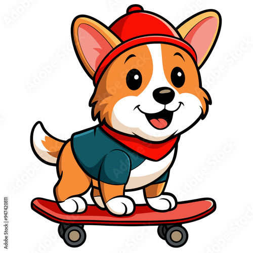  a cute cartoon illustration of a corgi dog. The corgi is wearing a red beanie hat and a blue shirt. It is happily riding a red skateboard. The dog has a cheerful expression with big